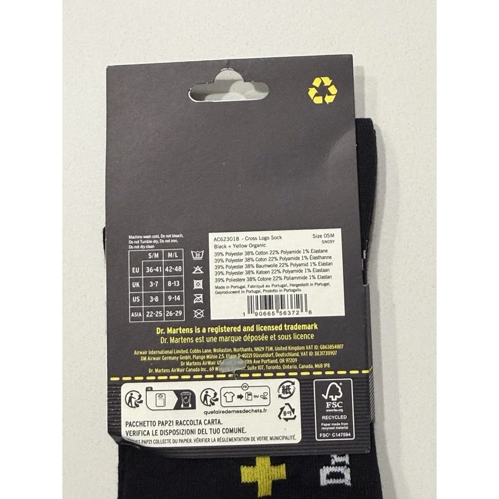 Dr Martens AC623018 Cross Logo Black Yellow Cotton Blend Crew Socks S/M NWT